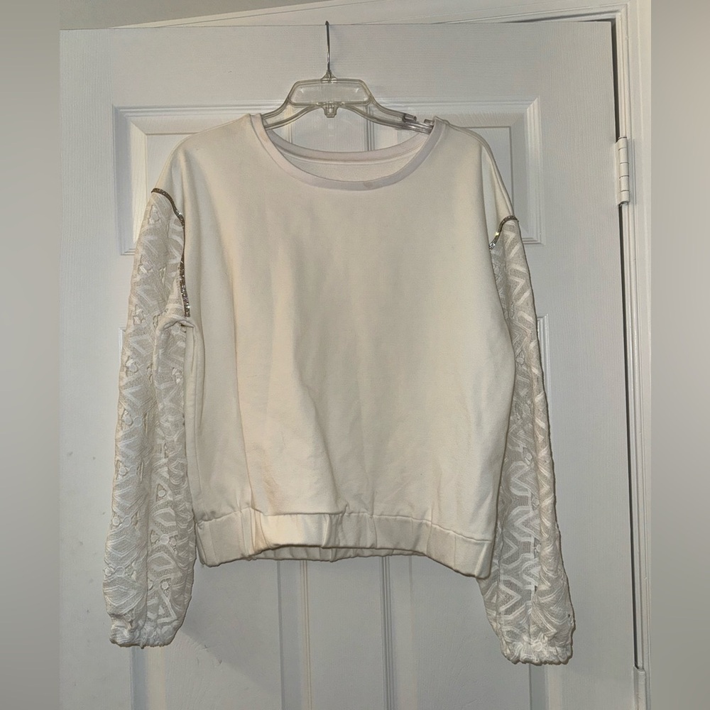Boston Proper White Rhinestone and Lace Sweater!